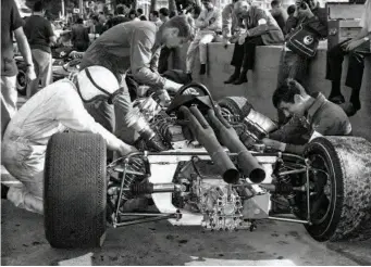  ??  ?? Below: The debut of the F1 Mclaren at Monaco in May 1966 – Bruce, Tyler Alexander and Howde