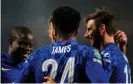  ?? Photograph: Dave Shopland/Shuttersto­ck ?? N’Golo Kanté (left) runs to celebrate with his teammates after the own goal scored by Brentford’s Pontus Jansson.