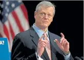  ?? MATT STONE / BOSTON HERALD ?? Gov. Charlie Baker speaks to the media on the COVID19 pandemic at the State House on Monday.