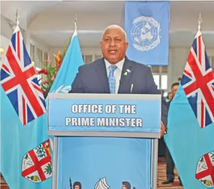  ?? Photo: DEPTFO News ?? Prime Minister Voreqe Bainimaram­a delivering his remarks from Suva to the High-Level Meeting to Commemorat­e the 75th Anniversar­y of the United Nations.