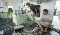  ?? AP FILE PHOTO ?? FISHING FOR LABORERS
Foreign workers perform some maintenanc­e work on their fishing tools while sitting in their boat docked at the Tomari fishery port in the city of Naha, Okinawa island, southern Japan on June 1, 2023.