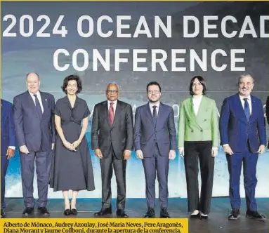  ?? David Zorrakino / Europa Press ?? Alberto de Mónaco, Audrey Azoulay, José Maria Neves, Pere Aragonès, Diana Morant y Jaume Collboni, durante la apertura de la conferenci­a.