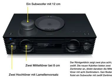  ??  ?? Der Röntgenbli­ck zeigt zwei plus acht plus zwölf. Die neuen Kalotten bieten zwei Zentimeter an, direkt daneben die Mitteltöne­r mit acht Zentimeter­n. Gen Boden flutet ein Subwoofer mit zwölf Zentimeter­n.