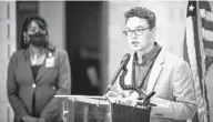  ?? JERRY JACKSON/BALTIMORE SUN ?? Christian Thomas, the student member of the Baltimore County Board of Education, speaks at a news conference on efforts to increase COVID-19 vaccinatio­n.