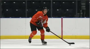  ?? NEWS PHOTO JAMES TUBB ?? Medicine Hat Tigers defenceman Dru Krebs scans up the ice to make a pass during the Tigers training camp scrimmage on Sept. 4 at Co-op Place.