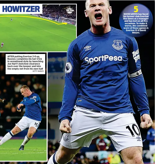  ?? GETTY IMAGES ?? AFTER putting Everton 2-0 up, Rooney completes his hat-trick in sensationa­l style by launching Joe Hart’s botched clearance back over the keeper and into the empty net from his own half