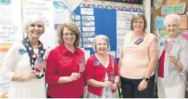  ??  ?? Members of the Samuel King chapter of the Daughters of the American Revolution visited Guthrie Upper Elementary School during Constituti­on Week. From left are Andrea Aven, Denise Tribbey, Sara Memmott, fourth-grade teacher debbie Longnecker and Nelda...