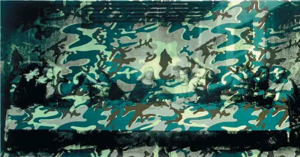  ??  ?? « Camouflage Last Supper ». 1986. Acrylique et encre sérigraphi­que sur toile.
203 × 775 cm. (Coll. privée).
Acrylic and silkscreen ink on canvas