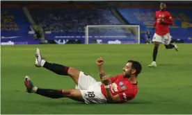  ??  ?? Bruno Fernandes celebrates scoring Manchester United’s third goal in their Premier League win at Brighton. Photograph: Matthew Peters/Manchester United/Getty Images