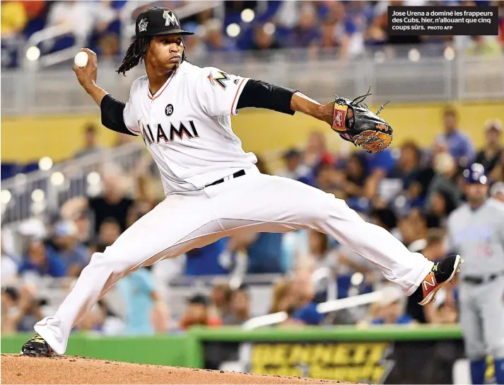  ?? PHOTO AFP ?? Jose Urena a dominé les frappeurs des Cubs, hier, n’allouant que cinq coups sûrs.