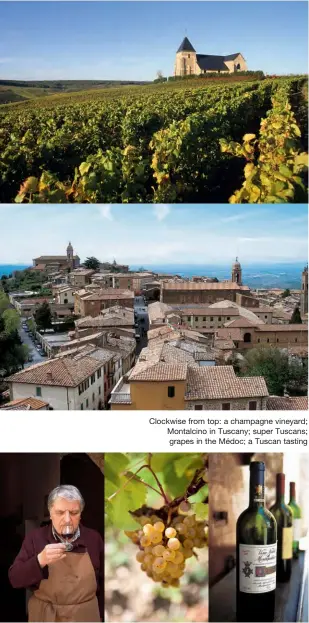  ??  ?? Clockwise from top: a champagne vineyard; Montalcino in Tuscany; super Tuscans; grapes in the Médoc; a Tuscan tasting