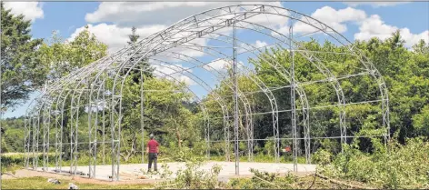  ??  ?? The steel skeleton of the new activity center at Camp Jordan awaits its tarp covering to complete the building. Volunteers had plans to install the tarp on the July 14 weekend, in time for the July 21 camp start.