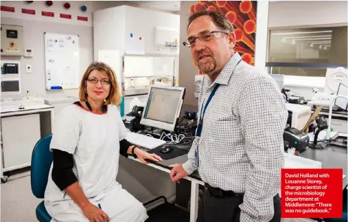  ??  ?? David Holland with Louanne Storey, charge scientist of the microbiolo­gy department at Middlemore: “There was no guidebook.”