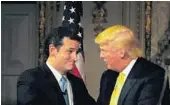  ??  ?? Ted Cruz shakes hands with Donald Trump before delivering his speech in which he criticized President Barack Obama and the Affordable Care Act.