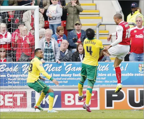 ??  ?? PRICELESS: Jordan Bowery heads Rotherham’s equaliser, which leaves their fate in their own hands