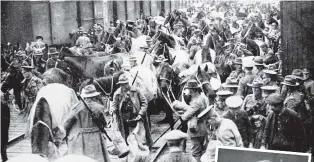  ?? PHOTO: OTAGO WITNESS ?? Saddles up . . . Bringing up the last of the horses to the troopships at Port Chalmers wharf in 1914.