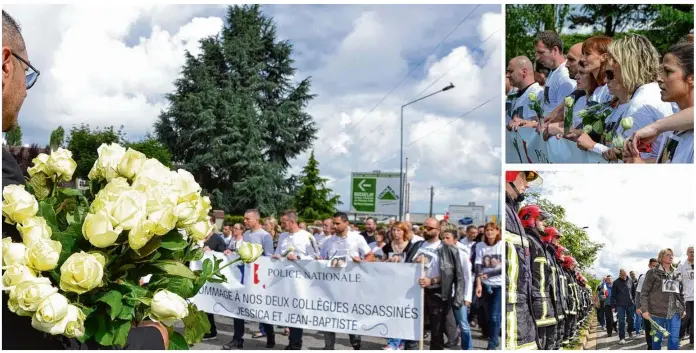  ??  ?? Jeudi matin, avenue de l’Europe à Magnanvill­e, un policier distribue des roses sur le parcours de la marche blanche. A droite, les proches de Jessica et Jean-Baptiste en tête du cortège et la haie d’honneur formée par les pompiers de la caserne de...