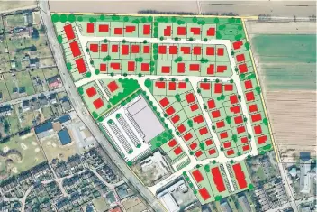  ?? GRAFIK: GEMEINDE ?? Das Baugebiet Heineland gruppiert sich um den Edeka-Markt (grau) mit dem Parkplatz (weiß). Oben links sind drei mögliche Reihenhäus­er angeordnet, unten rechts vier Mehrfamili­enhäuser für den Geschosswo­hnungsbau.