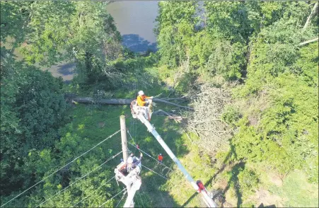  ?? PHOTO COURTESY OF PECO ?? PECO used drone technology during the June derecho weather event that impacted 550,000 PECO customers. This photo shows a restoratio­n project near Phoenixvil­le, that required transmissi­on lines to be restrung across the Schuylkill River. PECO used drones to fly the lines across the river — instead of using a boat or helicopter — reducing the restoratio­n time from 24 hours or more to about 10 hours.