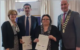  ??  ?? IPAV graduates Rory Fenelon from Bray and Tracey Bentley Arklow, with M EP Mairead McGuinness and and IPAV president Eamon O’Flaherty.