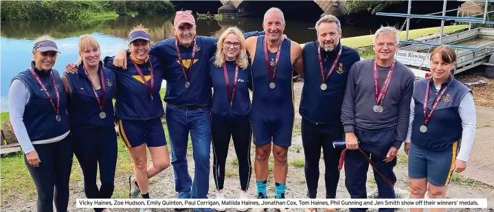  ?? ?? Vicky Haines, Zoe Hudson, Emily Quinton, Paul Corrigan, Matilda Haines, Jonathan Cox, Tom Haines, Phil Gunning and Jen Smith show off their winners’ medals.