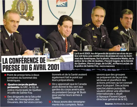  ?? PHOTO D’ARCHIVES ?? Le 6 avril 2001, les dirigeants de quatre services de police ont tenu une conférence de presse en vue du Sommet des Amériques. Sur la photo, Alexandre Matte, de la police de la ville de Québec, Florent Gagné, de la Sûreté du Québec, Pierre Lange, de la...