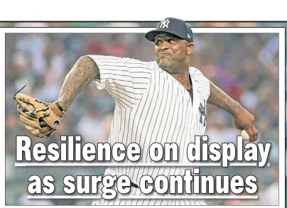  ?? Anthony J. Causi ?? SUCCESS STORY: Though he didn’t factor in the decision, CC Sabathia allowed just three hits and struck out seven over six scoreless innings in the Yankees’ 7-6 win over the Indians.