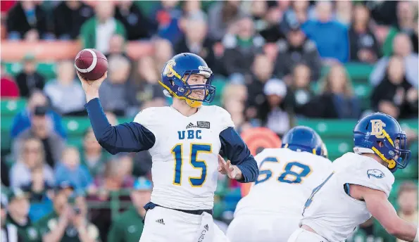  ?? RICH LAM/UBC ATHLETICS. ?? Thunderbir­ds quarterbac­k Michael O’connor is to face the University of Regina Rams on Friday at Mosaic Stadium.