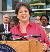  ?? GEORGE BENNETT / THE PALM BEACH POST ?? U.S. Rep. Lois Frankel and more than a dozen local officials, candidates, city staffers and activists gathered Tuesday at West Palm Beach City Hall to urge lawmakers to consider “common-sense gun laws.”