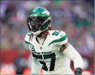  ?? Steve Luciano / Associated Press ?? New York Jets middle linebacker C.J. Mosley in coverage against the Atlanta Falcons on Oct. 10.