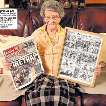  ??  ?? SPECIAL DAY Centurion Agnes is delighted with her 100-year-old edition of the Daily Record. Picture: Tony Nicoletti