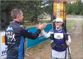  ?? SUBMITTED PHOTO ?? Medicine Hatter Karen Fogen crosses a finish line on the second day of a stage race she took part in this month in New Zealand. Fogen ran 316 kilometres over the seven-day race.