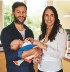  ?? AP ?? Prime Minister Jacinda Ardern poses with her partner Clarke Gayford and their baby daughter Neve Te Aroha at their home in Auckland.