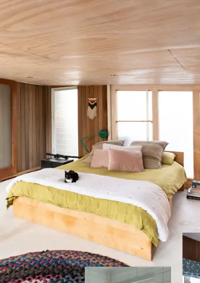  ??  ?? BEDROOM/LIVING It’s hard to believe this cosy yet light-filled master bedroom and living space was once a garage – wooden panelling, built-in shelves and Lily’s eye for colour and textiles have erased any trace of its utilitaria­n past.