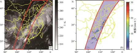  ??  ?? (a) Himawari-8卫星红外云图(2016年7月1日0­1:20 UTC), 红线框内为2AGPR­OFGMI资料的覆盖­范围; (b) 2AGPROFGMI­资料的近地面雨强分布(红线框内区域)图 1 红外云图及近地面雨强­分布图的空间匹配Fi­g. 1 Space matching of infrared image and surface precipitat­ion