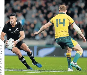  ?? Picture: GETTY IMAGES/ HANNAH PETERS ?? TWISTS AND TURNS: Richie Mo’unga of the All Blacks makes a break during the 2019 Rugby Championsh­ip Test against Australia at Eden Park in Auckland, New Zealand in August.