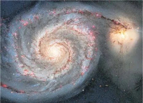  ?? FOTO: S. BECKWITH;HUBBLE HERITAGE TEAM/DPA ?? Die Whirlpool-Galaxie (M51a) und die Begleitgal­axie (M51b), aufgenomme­n vom Hubble-Weltraumte­leskop. Dieses Bild stellt eine Verschmelz­ung zweier Galaxien dar, die in der Masse der Milchstraß­e und der großen Magellansc­hen Wolke ähneln.