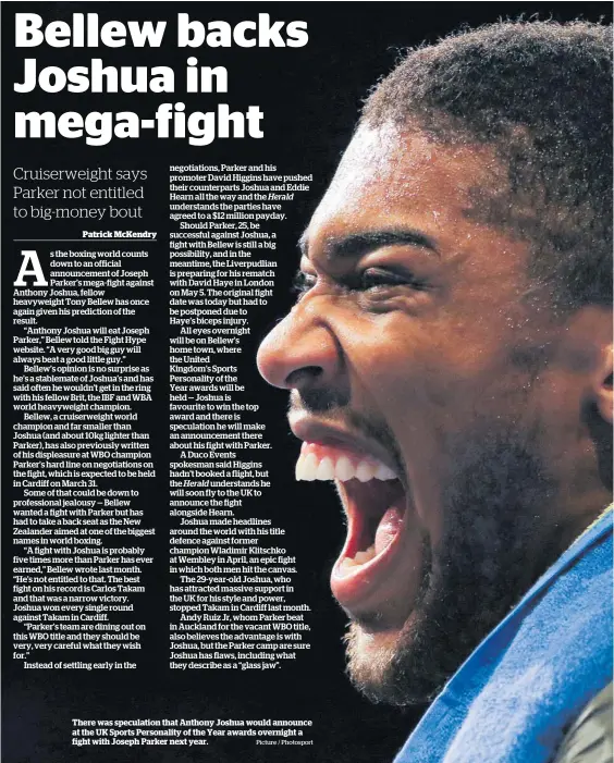  ?? Picture / Photosport ?? There was speculatio­n that Anthony Joshua would announce at the UK Sports Personalit­y of the Year awards overnight a fight with Joseph Parker next year.