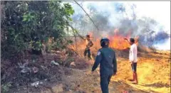 ?? POLICE ?? People fight a forest fire during the dry season at Chhouk village in Koh Kong province’s Sre Ambel district in March 2023.
