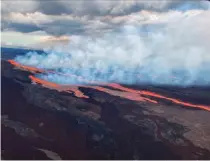  ?? USGS PHOTO VIA AFP ?? FIERY FLOW
This aerial image from Civil Air Patrol on Monday, Nov. 28, 2022 shows lava flowing on the northeast rift zone of the Mauna Loa volcano in Hawaii.