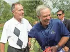  ?? DAVID J. PHILLIP/AP ?? Former President George H.W. Bush, left, shares a joke with former Ryder Cup captain Ben Crenshaw at the 2008 Ryder Cup in Louisville.