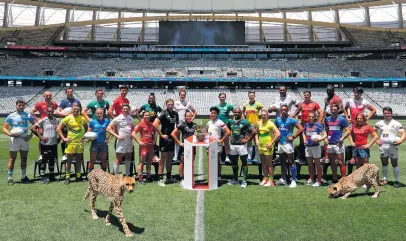  ?? Picture: Gallo Images ?? WHO IS FASTER? Two cheetahs join all the Sevens captains at Cape Town Stadium, ahead of the World Series Cape Town leg, which starts tomorrow.