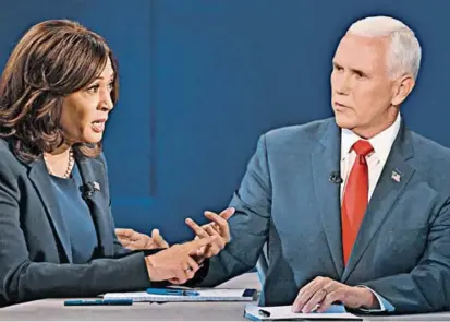  ?? FOTO ?? Kamala Harris, fórmula de Joe Biden, y Mike Pence, segundo de Donald Trump, se midieron desde Utah en el primer debate de candidatos a la vicepresid­encia de Estados Unidos.