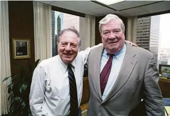 ?? Houston Chronicle file ?? Attorney Joe Jamail and Pennzoil chairman J. Hugh Liedtke wore billion-dollar smiles after an appeals court upheld an $10.53 billion jury award to Pennzoil against Texaco. Jamail’s strategy during the trial was to transform a complicate­d and boring...