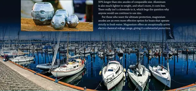  ??  ?? BELOW In boatintens­ive locations such as a marina, the collective impact of zinc anodes can pose a threat to sea life – aluminium anodes are a popular alternativ­e.