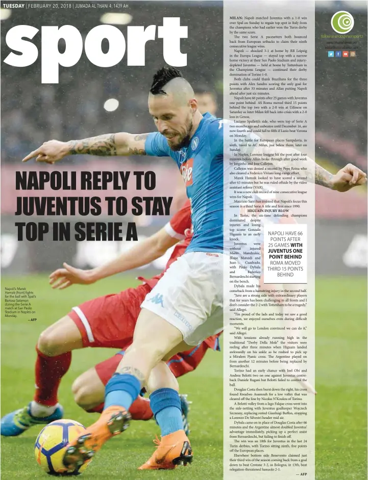  ?? — AFP ?? Napoli’s Marek Hamsik (front) fights for the ball with Spal’s Bartosz Salamon during the Serie A match at San Paolo Stadium in Naples on Monday.