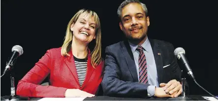  ?? RYAN MCLEOD ?? Liberal leadership candidates Kerry Cundal and David Khan both have histories with the PCs.