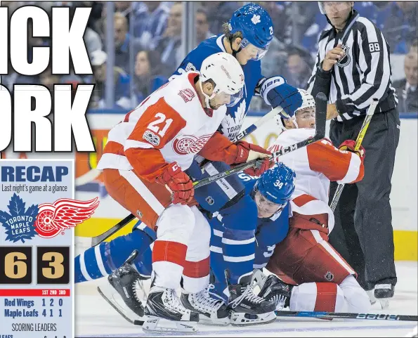  ?? ERNEST DOROSZUK/TORONTO SUN ?? William Nylander and Auston Matthews get tangled up with a pair of Red Wings during last night’s 6-3 Leafs victory at the ACC.