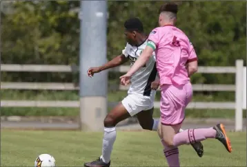  ??  ?? Bray Wanderers goalscorer Precious Omochere taking on Wexford captain Kyle Scallan.