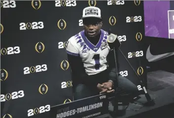  ?? AP PHOTO/MARCIO JOSE SANCHEZ ?? TCU cornerback Tre’Vius Hodges-Tomlinson speaks during a media day ahead of the national championsh­ip NCAA College Football Playoff game between Georgia and TCU, on Saturday in Los Angeles.